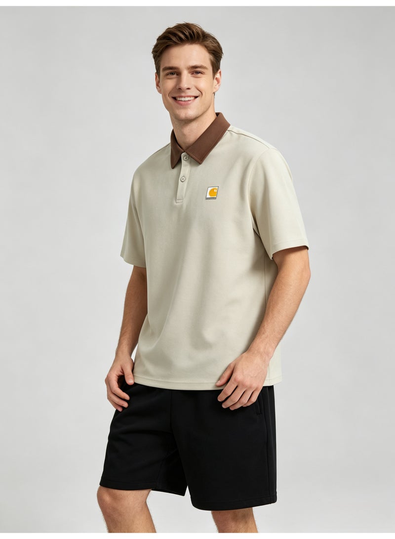 Carhartt Men's Short Sleeve Polo Shirt, Contrast Brown Collar Square Logo Patch Casual Breathable Pique Cotton Polo Top - Image 2