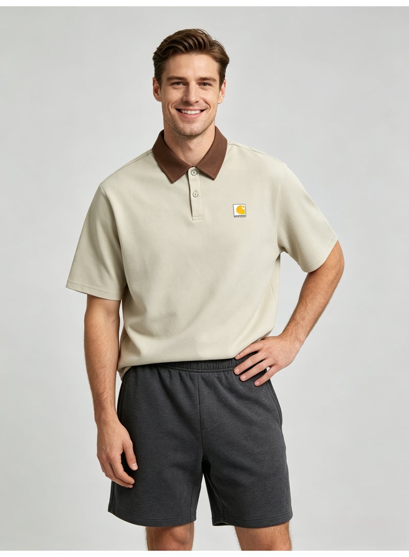 Carhartt Men's Short Sleeve Polo Shirt, Contrast Brown Collar Square Logo Patch Casual Breathable Pique Cotton Polo Top - Image 1