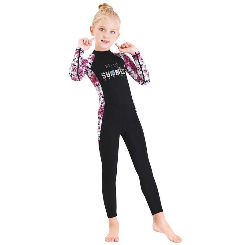 Skyone Full Body Kids Swimsuit One Piece Rash Guard Long Sleeve Wetsuit Skin for Girls Boys Children, Sunsuit Swimwear UPF 50+ UV Sun Protection Quick Dry for Beach Water Sports (Flower-Black, S) - Image 4