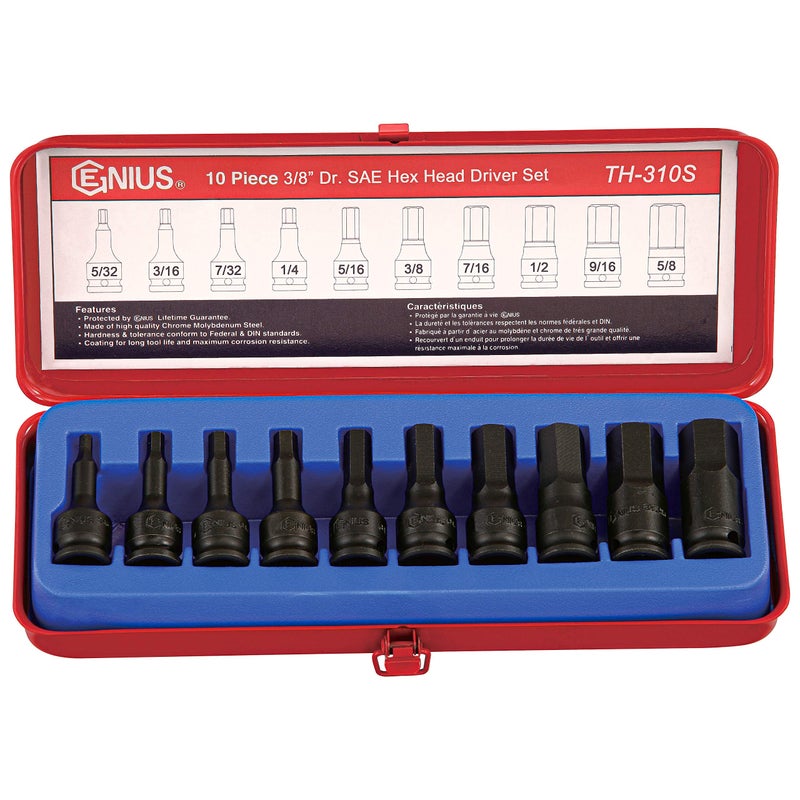 GENIUS TOOLS 10PC 38 Dr SAE Hex Impact Bit Socket Set CRMo TH310S full size