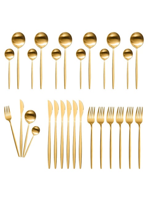 طقم أدوات مائدة لستة أشخاص، طقم أدوات مائدة من الفولاذ المقاوم للصدأ مكون من 24 قطعة يشمل سكاكين وشوك وملاعق مصقولة كالمرآة، طقم أدوات مائدة للمطبخ والمطاعم والفنادق، آمن للغسل في غسالة الأطباق (ذهبي)