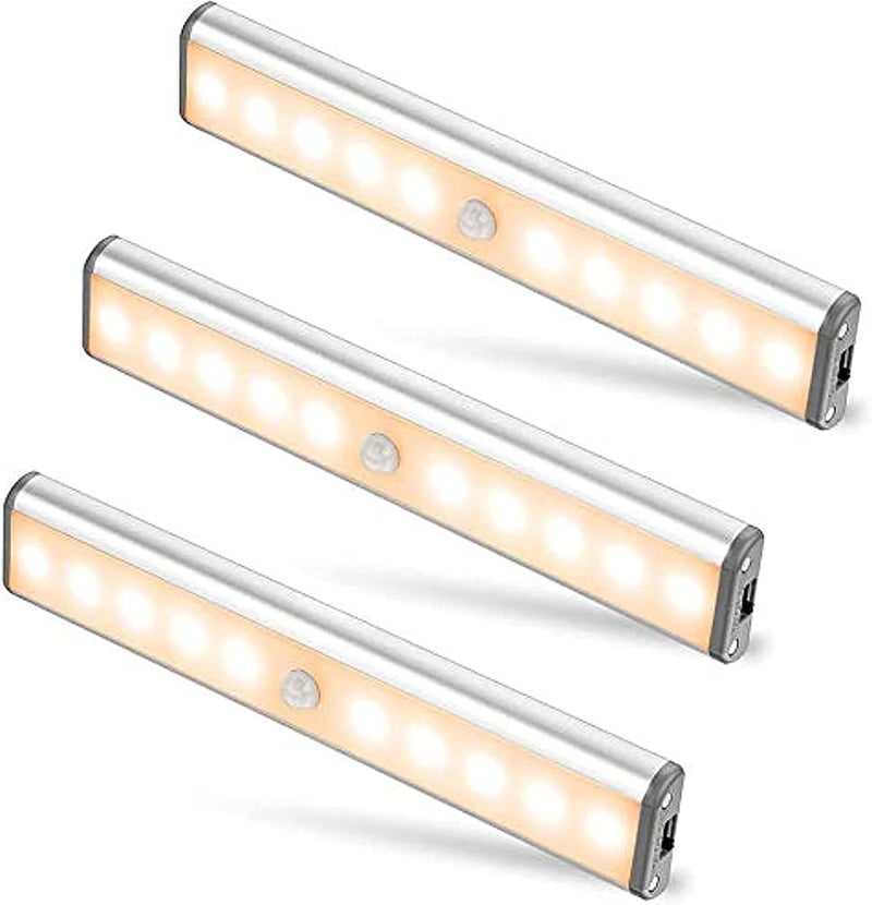 AMINAC Motion Sensor Light Bar Night Light for Room, Stick-on Anywhere Wireless Battery Operated 10 LEDs Closet Lights Wardrobe Lighting LED Light(Warm White, 3 Pack) - Image 1