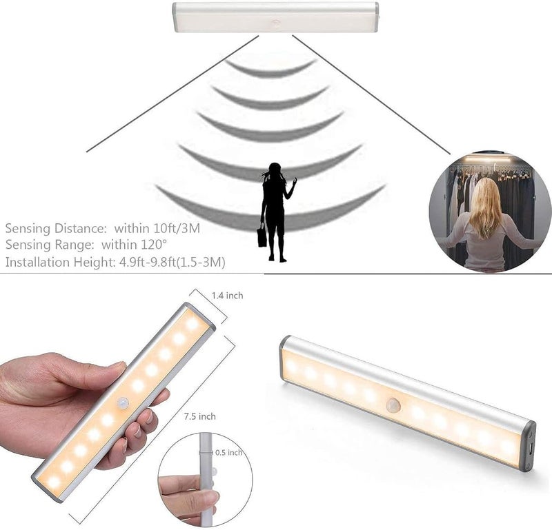 AMINAC Motion Sensor Light Bar Night Light for Room, Stick-on Anywhere Wireless Battery Operated 10 LEDs Closet Lights Wardrobe Lighting LED Light(Warm White, 3 Pack) - Image 3