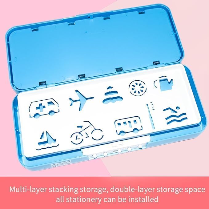 Global Impex Medium Size Plastic Basketball-Themed Pencil Box & Stationery Box with Lock, Compartment & Stencil Partition Tray for Drawing Airplane, Bus, Cycle, Ambulance, Tea Jug, and More (Blue) - Image 3