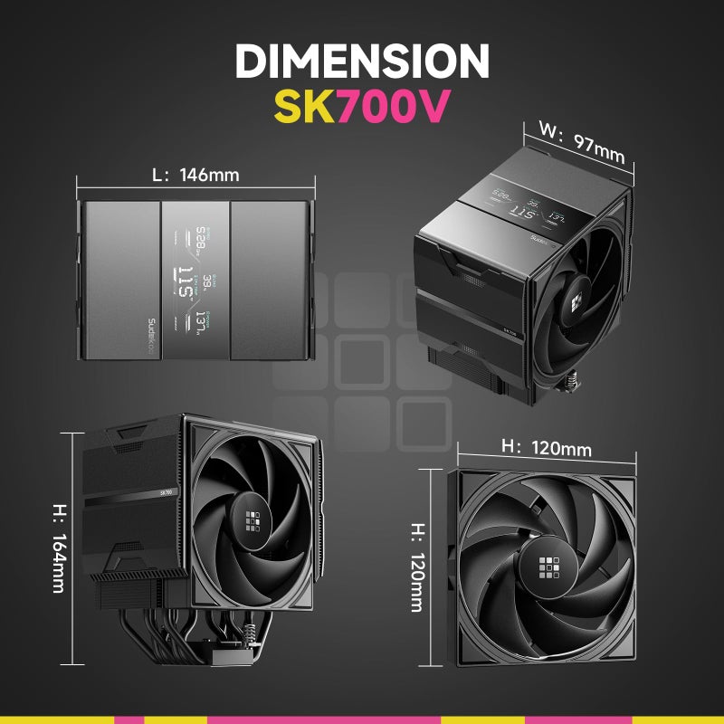 Sudokoo SK700V AM5 CPU Cooler, AM5 Exclusive, Digital Display, 7 Heatpipes CPU Air Cooler, Single Tower, 120mm FDB PWM Fan, Full RAM Freedom, L-Rail Lock Mount, 5 Years Warranty, Black - Image 4