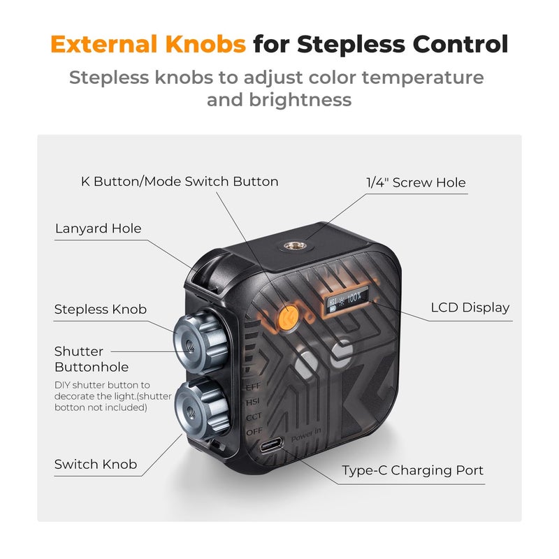 K&F CONCEPT RGB Video Light, 360Â° Full Color Portable Photography Light, LED Camera Light w 21 Light Effects, 2500K-9900K CRI 96+, 2000mAh Rechargeable Photography Lighting for Vlogging, Selfie, Black - Image 2