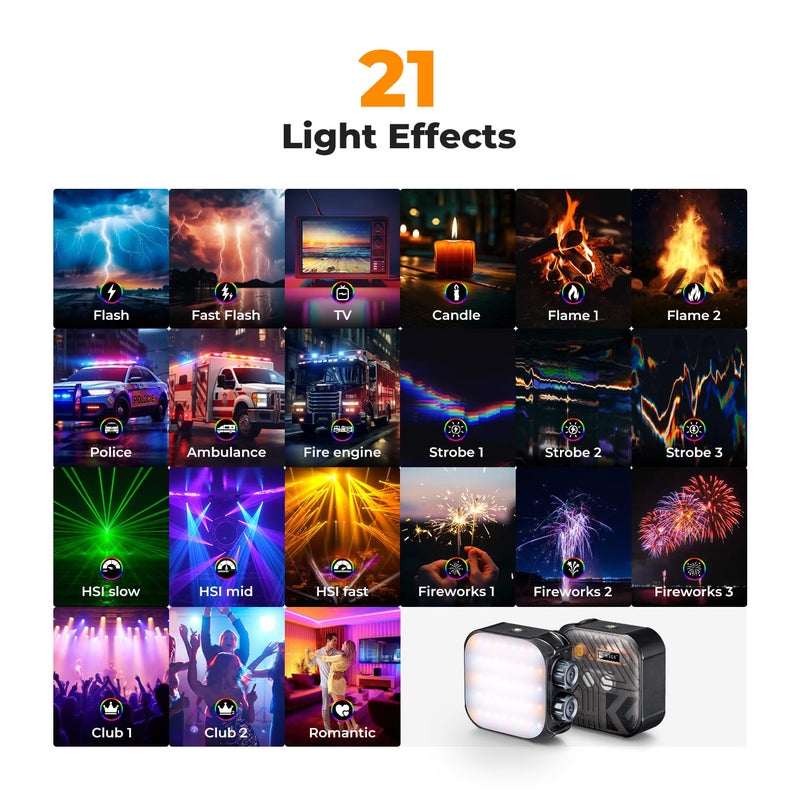 K&F CONCEPT RGB Video Light, 360Â° Full Color Portable Photography Light, LED Camera Light w 21 Light Effects, 2500K-9900K CRI 96+, 2000mAh Rechargeable Photography Lighting for Vlogging, Selfie, Black - Image 5