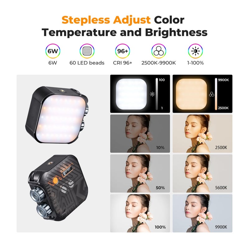 K&F CONCEPT RGB Video Light, 360Â° Full Color Portable Photography Light, LED Camera Light w 21 Light Effects, 2500K-9900K CRI 96+, 2000mAh Rechargeable Photography Lighting for Vlogging, Selfie, Black - Image 4