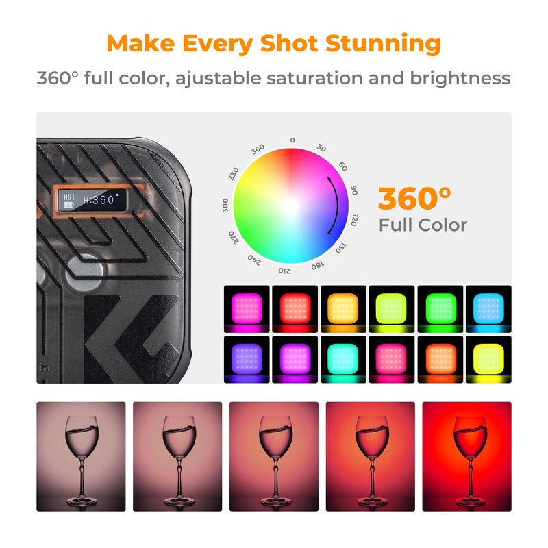 K&F CONCEPT RGB Video Light, 360Â° Full Color Portable Photography Light, LED Camera Light w 21 Light Effects, 2500K-9900K CRI 96+, 2000mAh Rechargeable Photography Lighting for Vlogging, Selfie, Black - Image 3