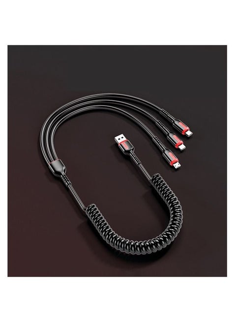 66W 3 in 1 Fast Charger Multi Function Charger Cable,  Spring Retractable Data Cable, USB Cable Cord Adapter with Lightning/Type C/USB Port (Black)
