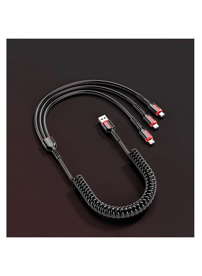 66W 3 in 1 Fast Charger Multi Function Charger Cable,  Spring Retractable Data Cable, USB Cable Cord Adapter with Lightning/Type C/USB Port (Black)