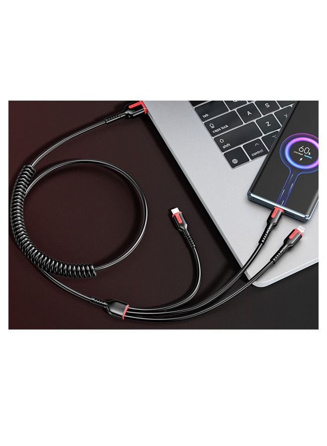 66W 3 in 1 Fast Charger Multi Function Charger Cable,  Spring Retractable Data Cable, USB Cable Cord Adapter with Lightning/Type C/USB Port (Black)