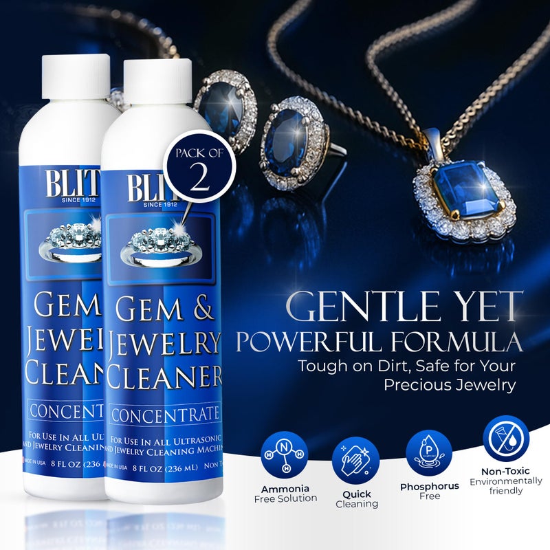 Blitz Gem & Jewelry Cleaner Liquid Concentrate for Gold, Silver, Platinum Jewelry Cleans Non-Porous, Precious & Semi-Precious Stones Non-Toxic, Non-Abrasive, Planet Friendly Made in USA 8oz (2 Pack) - Image 2