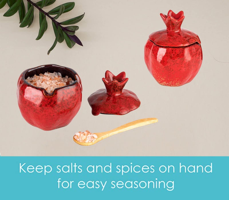 GABROC Salt Cellar 2 PCS Ceramic Pomegranate Shaped Salt Bowl With Lid and Spoon - Image 5