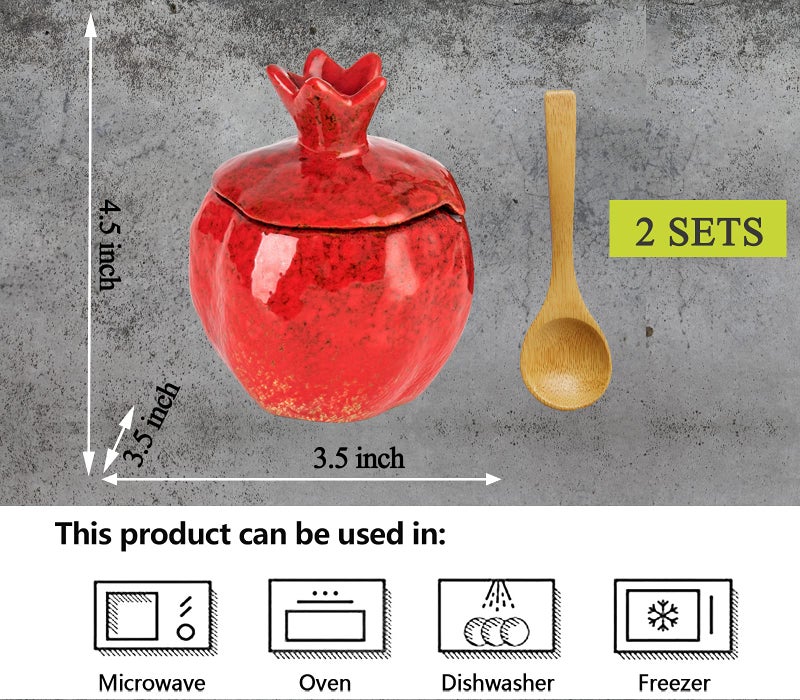 GABROC Salt Cellar 2 PCS Ceramic Pomegranate Shaped Salt Bowl With Lid and Spoon - Image 2