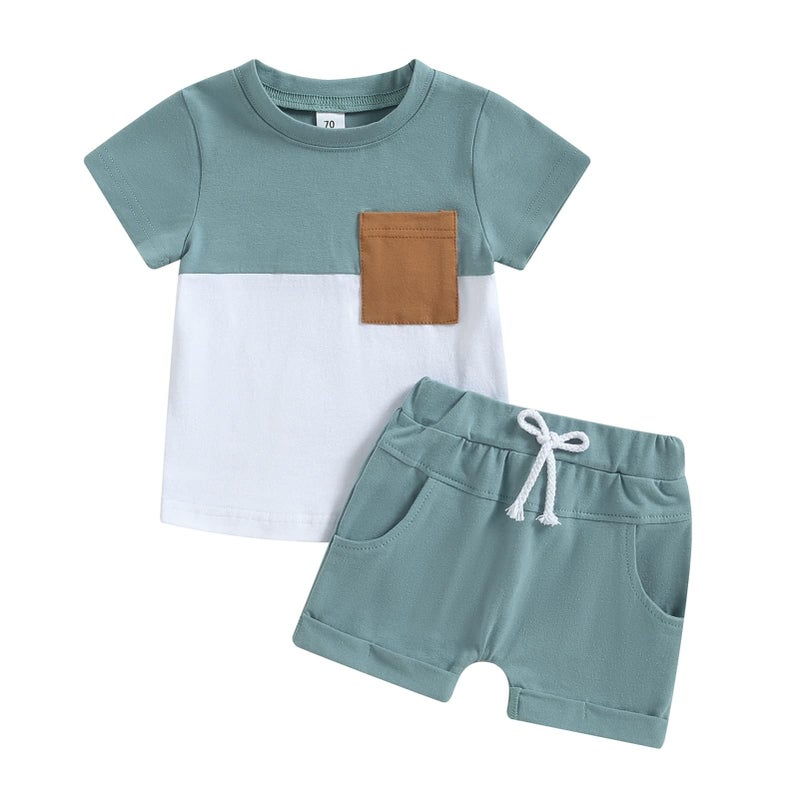 fhutpw Baby Toddler Boy Clothes Summer Outfits 6 12 18 24 Months Patchwork Short Sleeve T Shirt & Shorts Sets with Pockets - Image 1