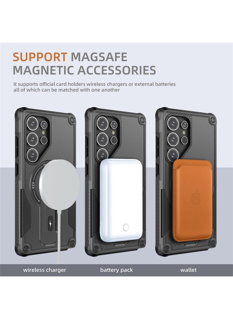 جراب Samsung Galaxy S24 Ultra، غطاء Samsung S24 Ultra متوافق مع MagSafe وحامل مدمج، جراب قوي مقاوم للصدمات مع حزام كتف قابل للتعديل لهاتف Samsung Galaxy S24 Ultra، أسود