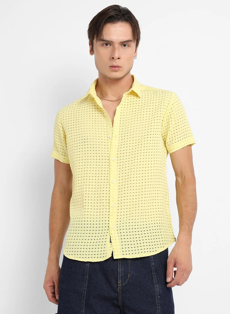 Campus Sutra Men's Lemon Yellow See-Through Square Shirt