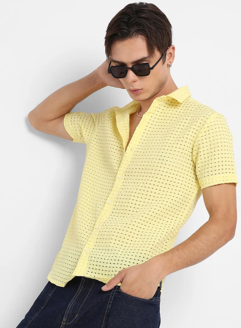 Campus Sutra Men's Lemon Yellow See-Through Square Shirt