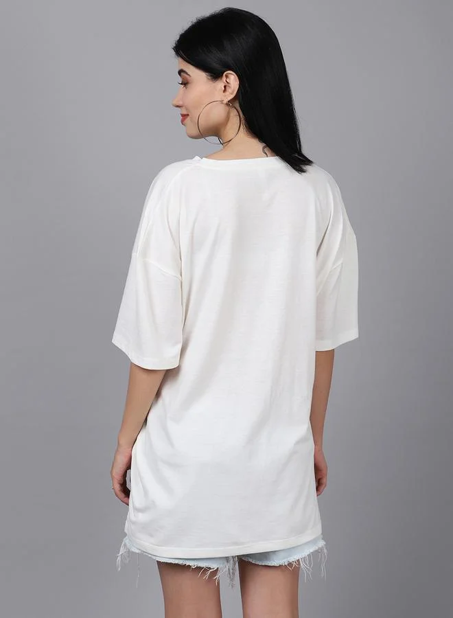 Styli Women Off White Oversized Graphic Print T-Shirt By Door74
