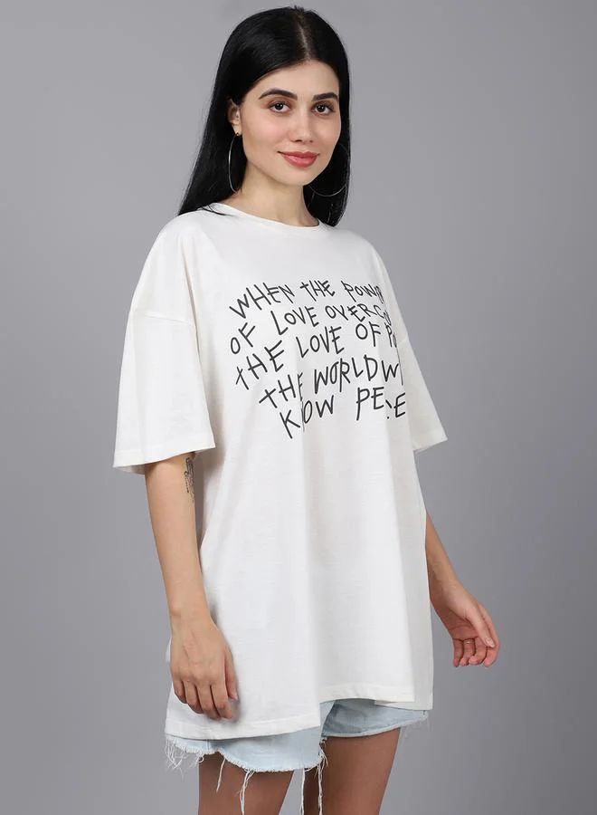 Styli Women Off White Oversized Graphic Print T-Shirt By Door74
