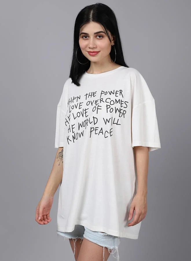 Styli Women Off White Oversized Graphic Print T-Shirt By Door74