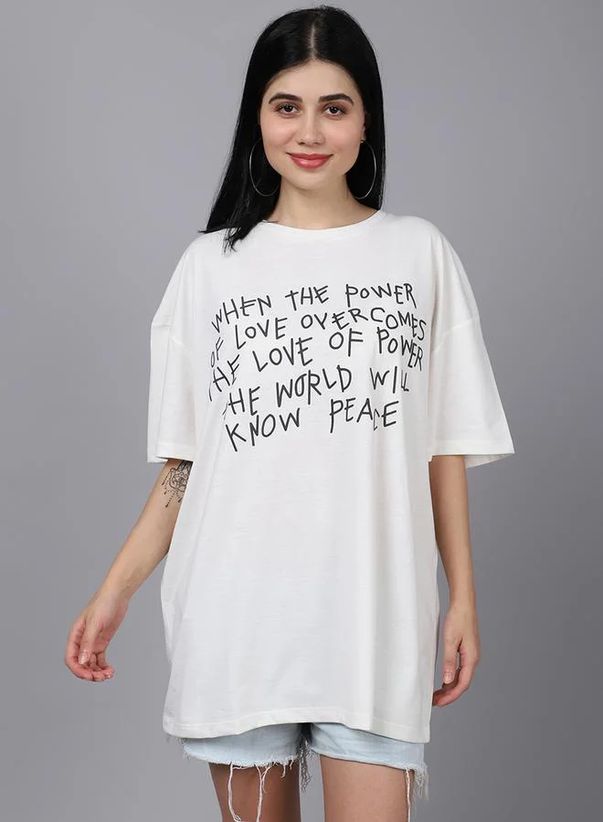 Styli Women Off White Oversized Graphic Print T-Shirt By Door74