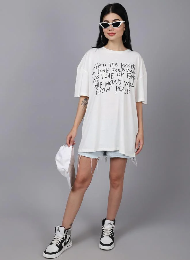 Styli Women Off White Oversized Graphic Print T-Shirt By Door74