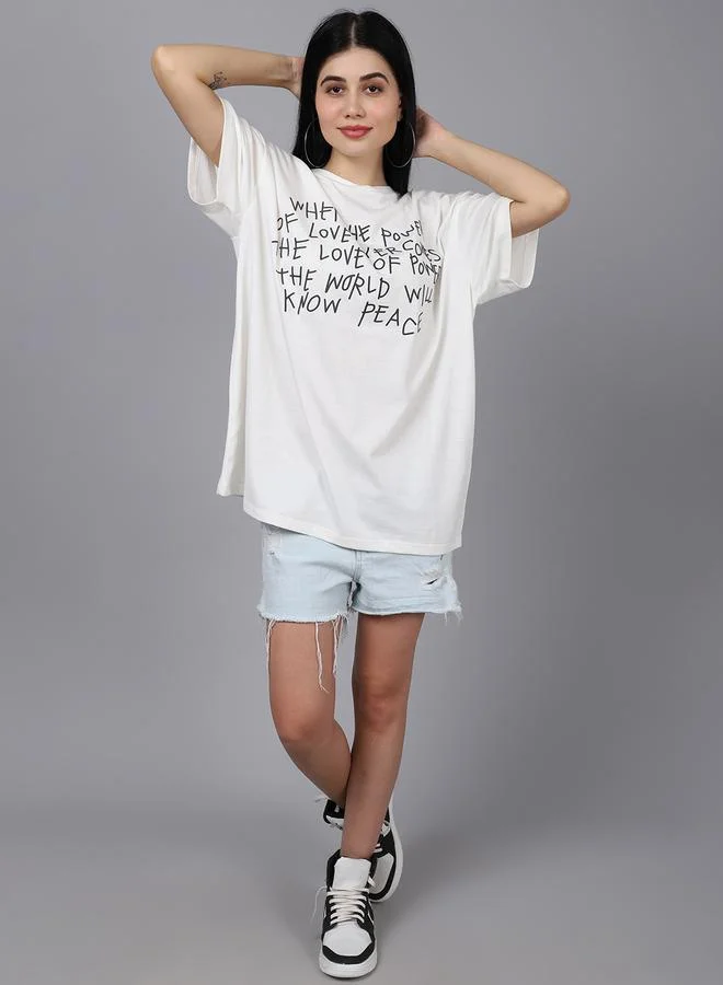 Styli Women Off White Oversized Graphic Print T-Shirt By Door74