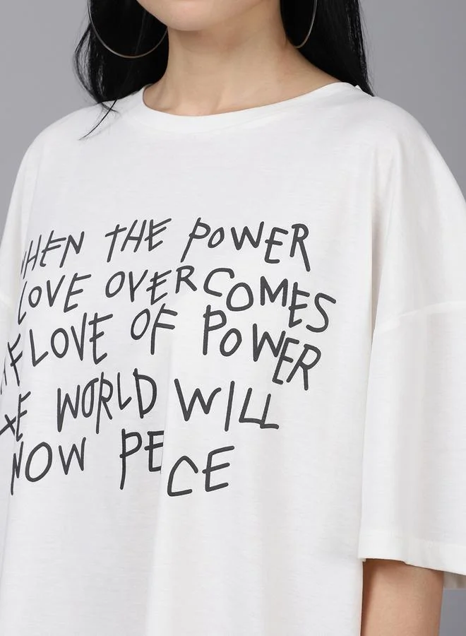 Styli Women Off White Oversized Graphic Print T-Shirt By Door74