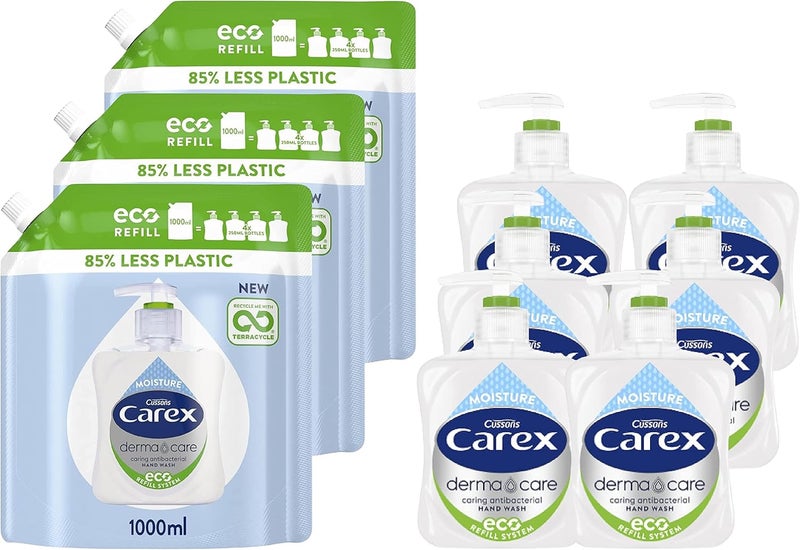 Carex Dermacare Moisture Antibacterial Hand Wash Refill Eco Hand Soap Refill Pouch for Homes and Businesses 3 x 1 L Pouch with Boosted Antibacterial Soap with Added Moisturisers