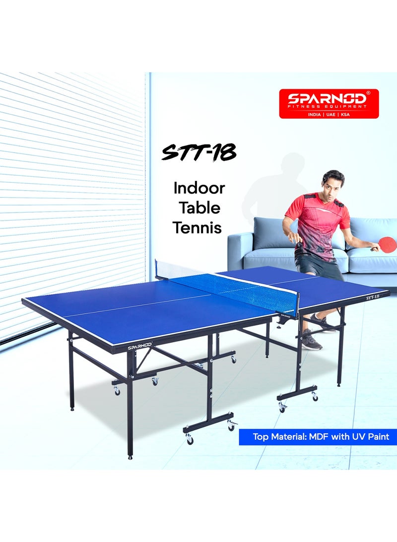 Sparnod Fitness طاولة تنس الطاولة الداخلية STT-18 | سطح MDF بسمك 18 مم مع حماية من الأشعة فوق البنفسجية | إطار فولاذي مقاوم للصدأ | وضع التشغيل الفردي | قابلة للطي مع عجلات قفل - Image 2