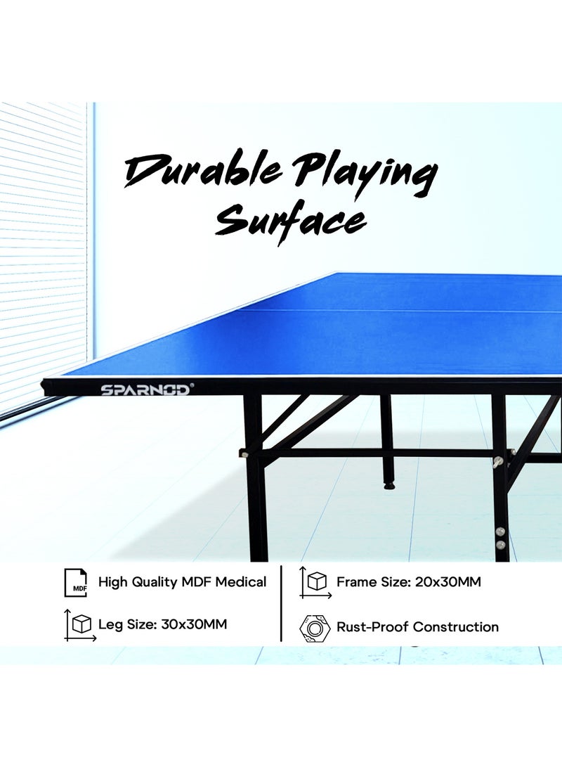 Sparnod Fitness طاولة تنس الطاولة الداخلية STT-18 | سطح MDF بسمك 18 مم مع حماية من الأشعة فوق البنفسجية | إطار فولاذي مقاوم للصدأ | وضع التشغيل الفردي | قابلة للطي مع عجلات قفل - Image 3