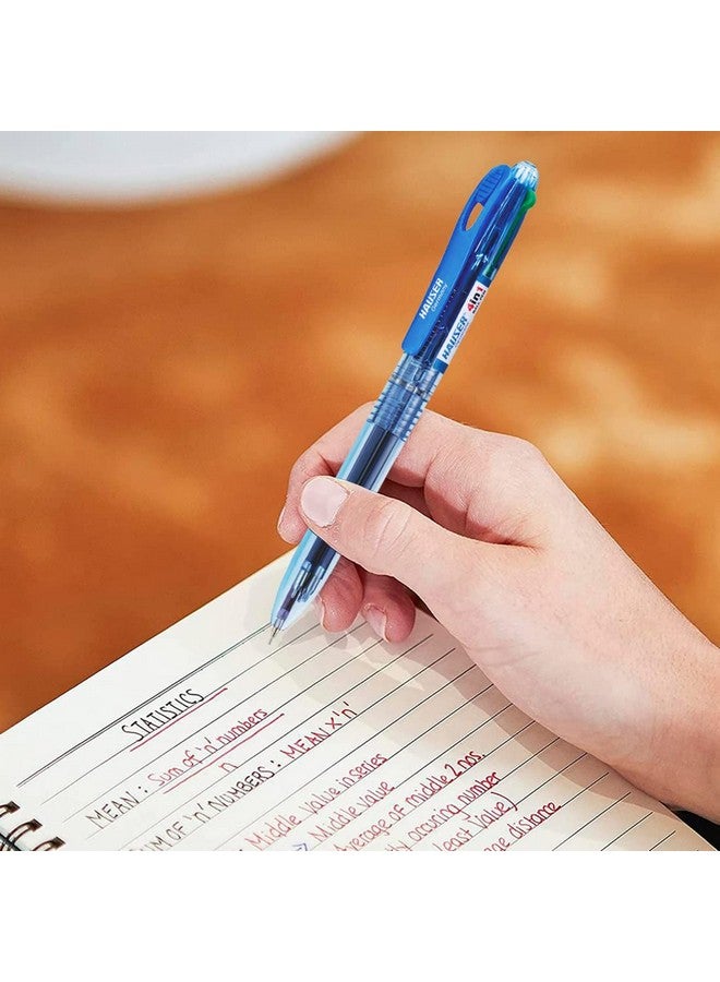 Hauser Germany Hauser 4 In 1 Retractable Ball Pen Box | Durable Transparent Body | 4 Ink Colors In One Pen | Low Viscosity Ink System | Acu Flow Writing System | Blue, Black, Red & Green Ink, of 5 Pens - Image 5