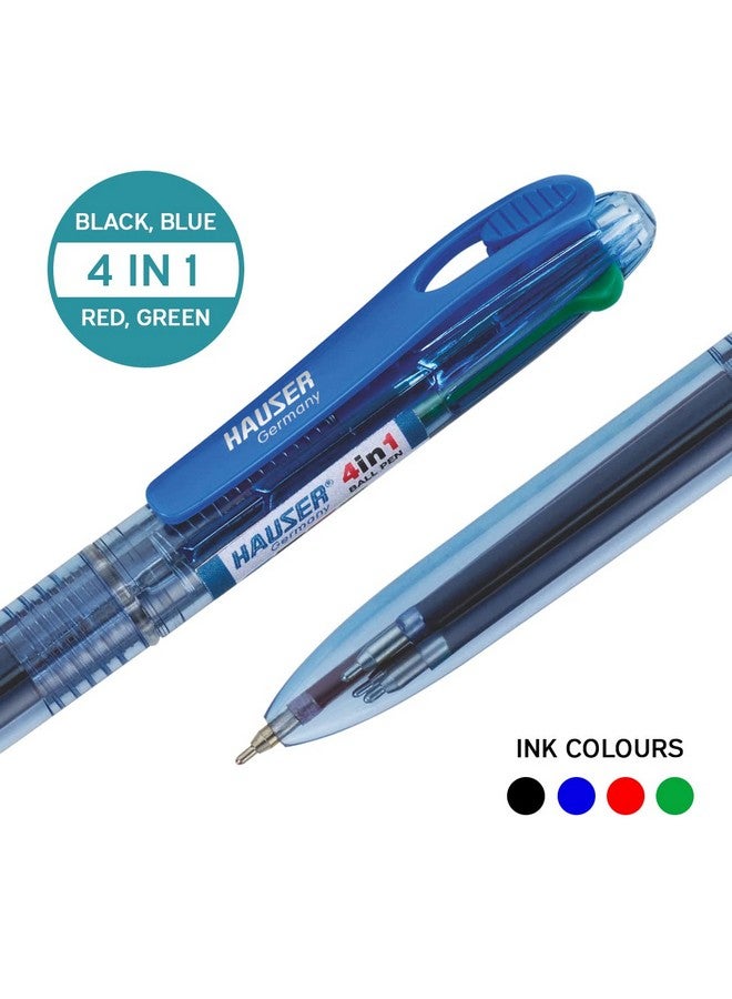 Hauser Germany Hauser 4 In 1 Retractable Ball Pen Box | Durable Transparent Body | 4 Ink Colors In One Pen | Low Viscosity Ink System | Acu Flow Writing System | Blue, Black, Red & Green Ink, of 5 Pens - Image 4