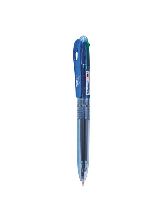 Hauser Germany Hauser 4 In 1 Retractable Ball Pen Box | Durable Transparent Body | 4 Ink Colors In One Pen | Low Viscosity Ink System | Acu Flow Writing System | Blue, Black, Red & Green Ink, of 5 Pens - Image 2