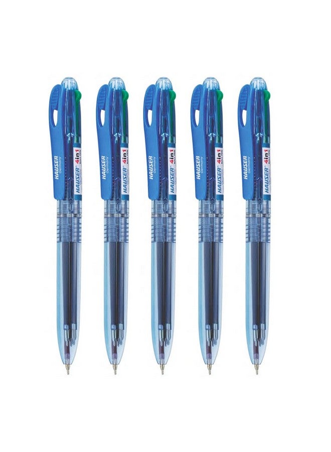 Hauser Germany Hauser 4 In 1 Retractable Ball Pen Box | Durable Transparent Body | 4 Ink Colors In One Pen | Low Viscosity Ink System | Acu Flow Writing System | Blue, Black, Red & Green Ink, of 5 Pens - Image 1