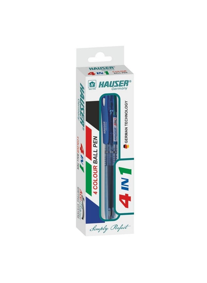 Hauser Germany Hauser 4 In 1 Retractable Ball Pen Box | Durable Transparent Body | 4 Ink Colors In One Pen | Low Viscosity Ink System | Acu Flow Writing System | Blue, Black, Red & Green Ink, of 5 Pens - Image 3