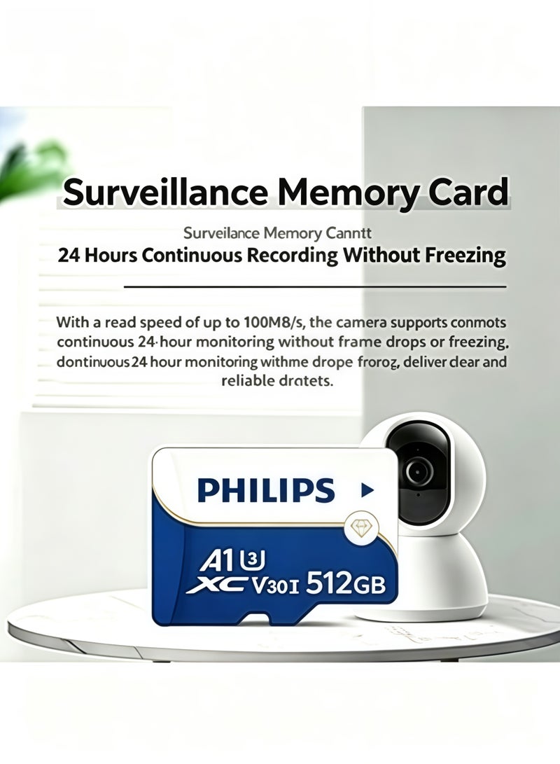 بطاقة ذاكرة Micro SD من فيليبس سعة 512 جيجابايت، فئة A1، V30، U3، عالية السرعة، تصل سرعتها إلى 100 ميجابايت/ثانية؛ بطاقة ذاكرة متينة مخصصة للمراقبة، مناسبة للتسجيل على مدار 24 ساعة بكاميرات المراقبة الأمنية، والتسجيل المتكرر بكاميرات السيارة، مع قارئ بطاقات TF اختياري يعمل عبر منفذ USB 2.0 - Image 2