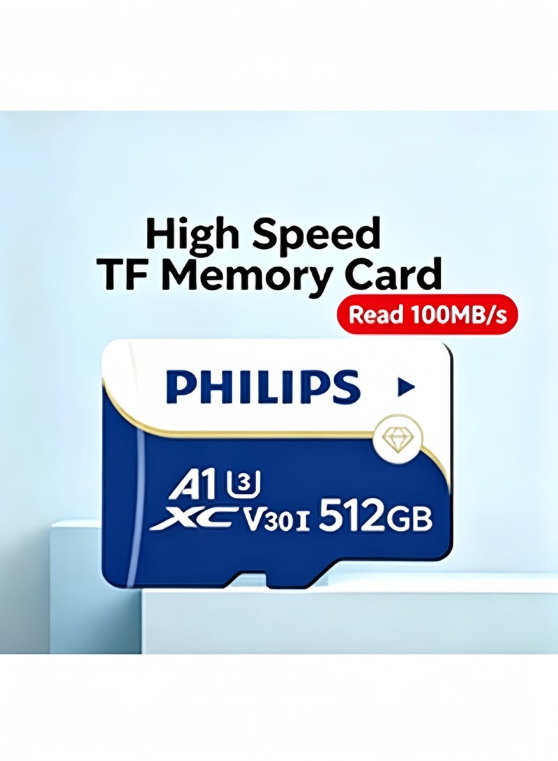 بطاقة ذاكرة Micro SD من فيليبس سعة 512 جيجابايت، فئة A1، V30، U3، عالية السرعة، تصل سرعتها إلى 100 ميجابايت/ثانية؛ بطاقة ذاكرة متينة مخصصة للمراقبة، مناسبة للتسجيل على مدار 24 ساعة بكاميرات المراقبة الأمنية، والتسجيل المتكرر بكاميرات السيارة، مع قارئ بطاقات TF اختياري يعمل عبر منفذ USB 2.0 - Image 1