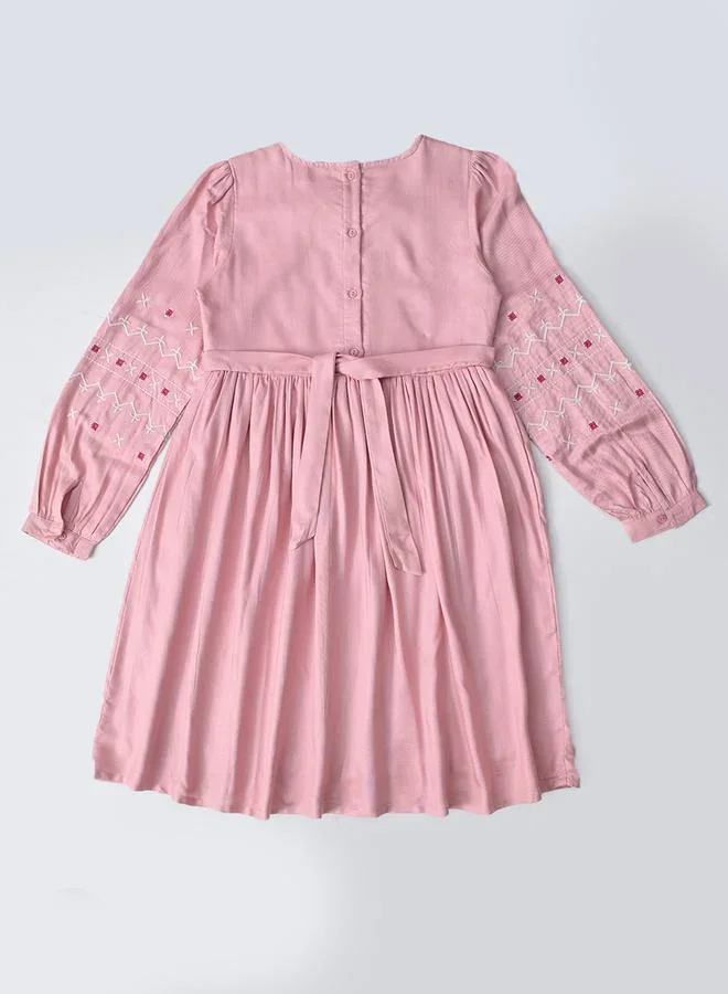 BELLA MODA BELLA MODA Embroidered Tie-Up Neck Knee-Length Dress