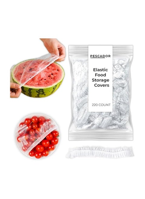 PESCADOR Elastic Food Storage Disposable Covers, Clear Reusable Plastic Sealing Bags, Universal Kitchen Wrap Seal Caps for Preservation Fresh with Fruit, Vegetable and Meat (Clear, 220 Count)