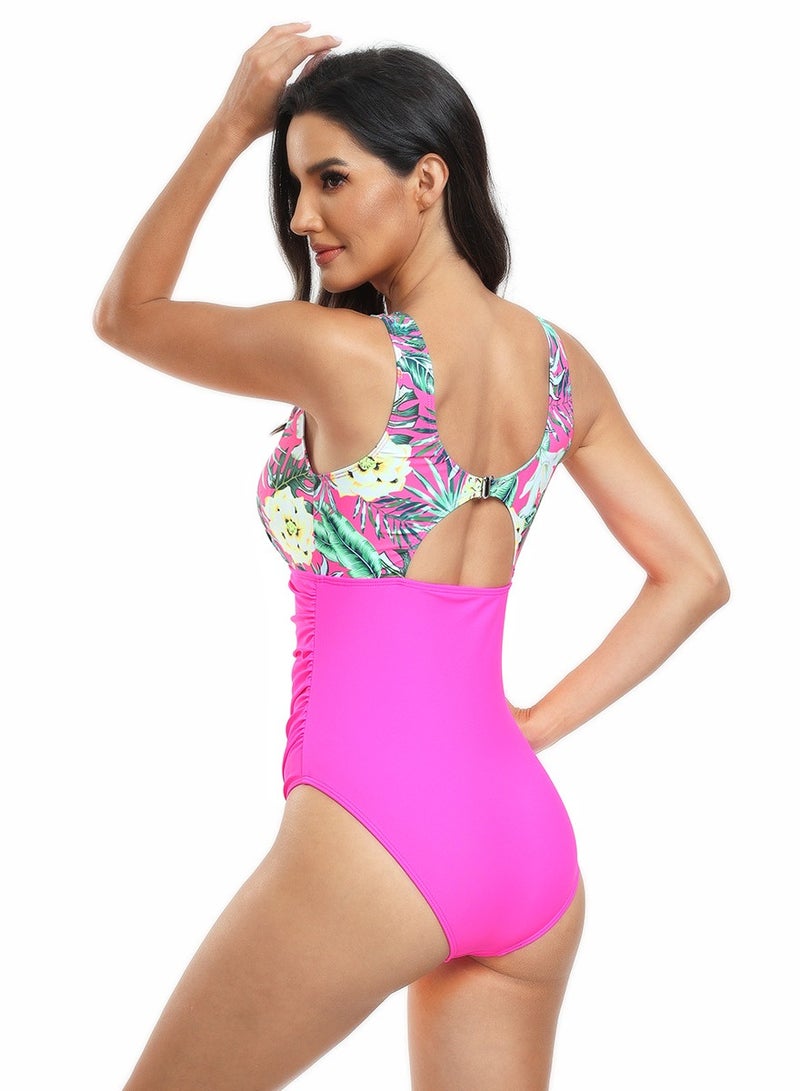 Women's Floral Printed One Piece Swimsuit Lace Stitching  Bathing Suits Rose Pink Mix - Image 3