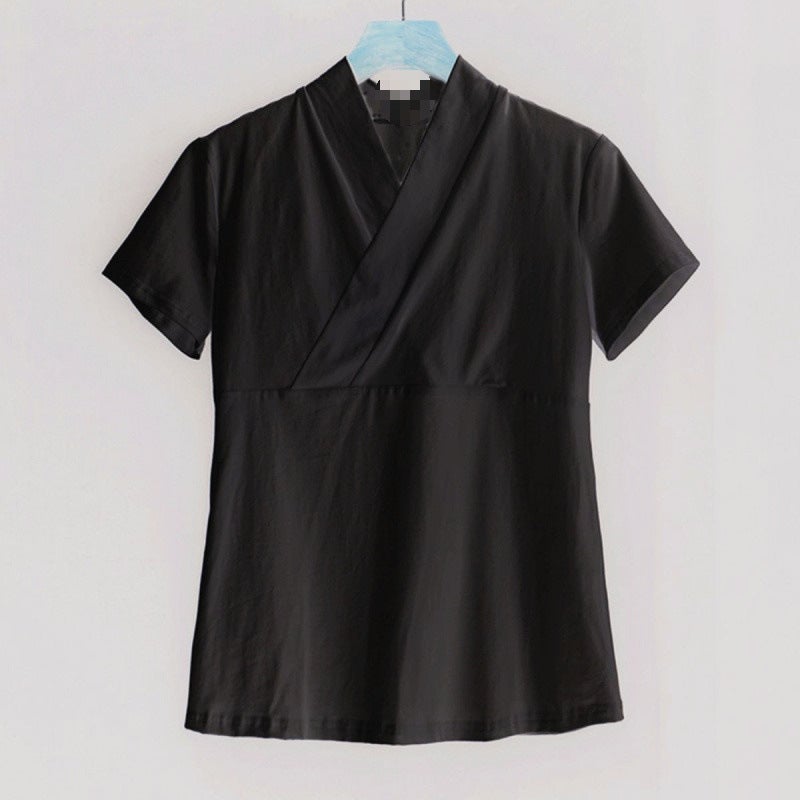 Cross-طوق Hanfu للنساء زائد الحجم، حجم 150 كجم، أعلى الداخلية للنساء، تحسين قميص قاعدة فضفاضة قصيرة الأكمام للصيف - Image 4
