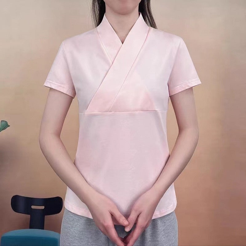 Cross-طوق Hanfu للنساء زائد الحجم، حجم 150 كجم، أعلى الداخلية للنساء، تحسين قميص قاعدة فضفاضة قصيرة الأكمام للصيف - Image 3