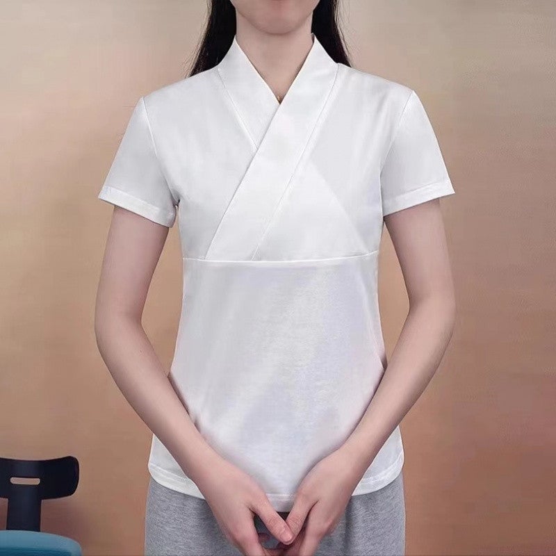 Cross-طوق Hanfu للنساء زائد الحجم، حجم 150 كجم، أعلى الداخلية للنساء، تحسين قميص قاعدة فضفاضة قصيرة الأكمام للصيف - Image 2