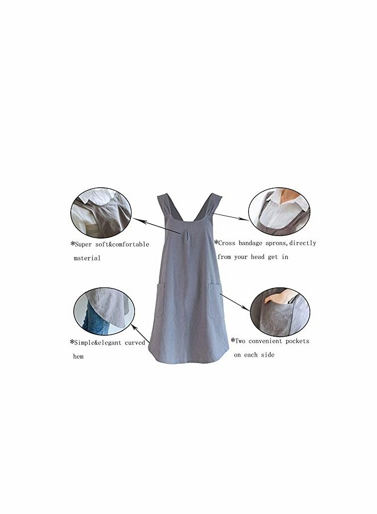 KASTWAVE Soft Cotton Linen Apron Cross Back X-Shaped Japanese Style Pinafore Dress for Cooking, Housewarming, Daily Chores (Grey) - Image 4