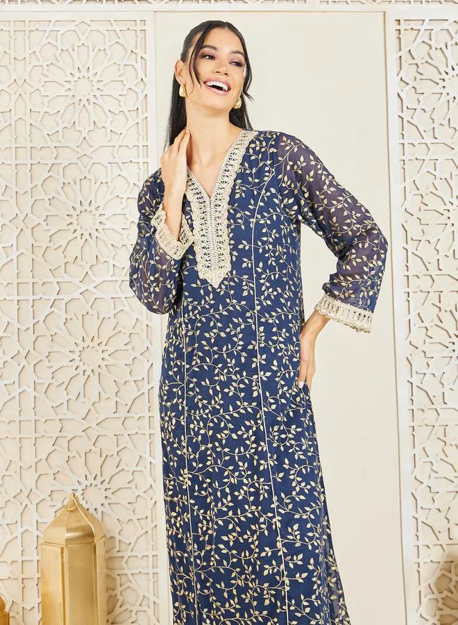 ستايلي Embroidered Lace Trim Leaf AOP Jalabiya
