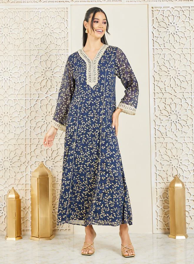 ستايلي Embroidered Lace Trim Leaf AOP Jalabiya