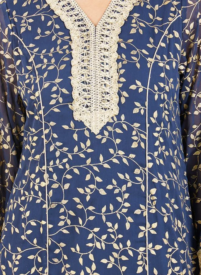 ستايلي Embroidered Lace Trim Leaf AOP Jalabiya
